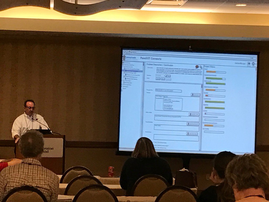 MapManBrian's tweet photo. Greg Ulp talks PennDOT Connect @gis_t_symposium @GeoDecisions @GannettFleming https://t.co/0KsjNgkzZv