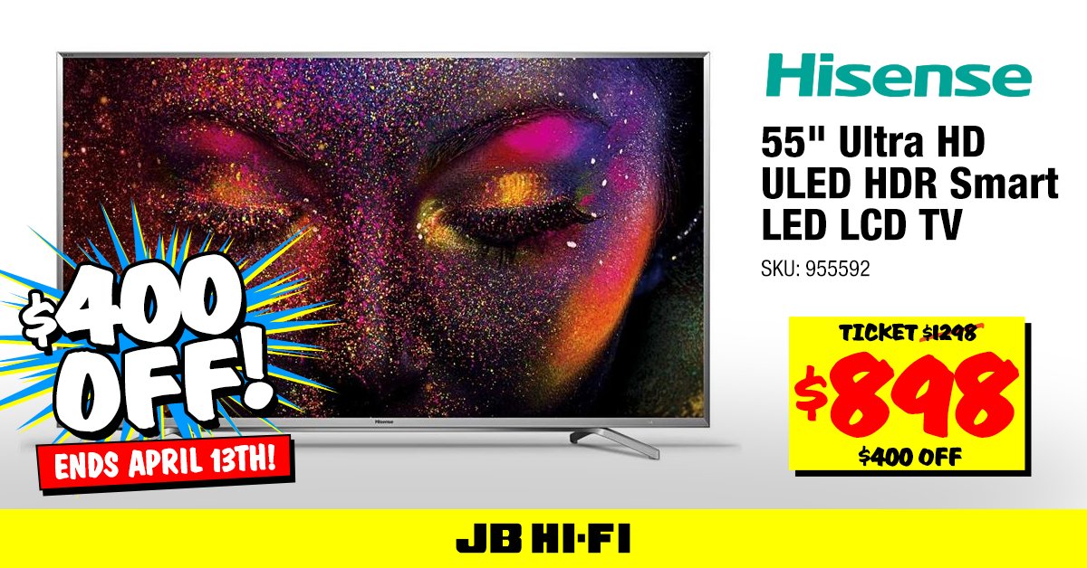 JBHiFi's tweet photo. Looking for a 4K upgrade? Today's the day!

$400 OFF HISENSE 55" UHD ULED HDR SMART TV!

https://t.co/68dXcSYO9F

Ends today April 13th https://t.co/imZyrzDsLZ
