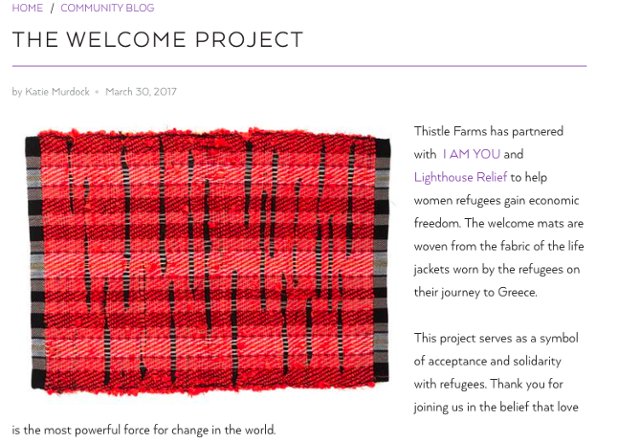 RevBeccaStevens's tweet image. Have you heard about the latest @thistlefarms #socialenterprise project? Read about #thewelcomeproject here: ow.ly/M6vF30azxjk