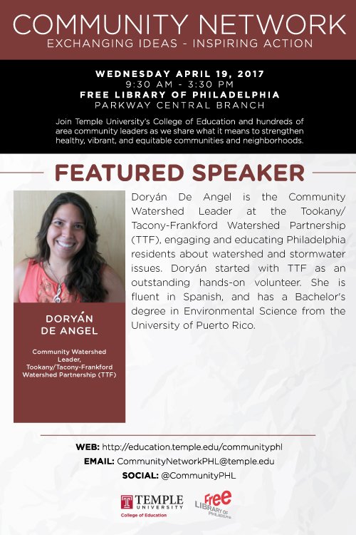 communityphl's tweet photo. Hear from Doryan De Angel of @TTFWatershed about her incredible work on 4/19 at #communityPHL https://t.co/ycyDgSfgny https://t.co/cDZWfhoCLv