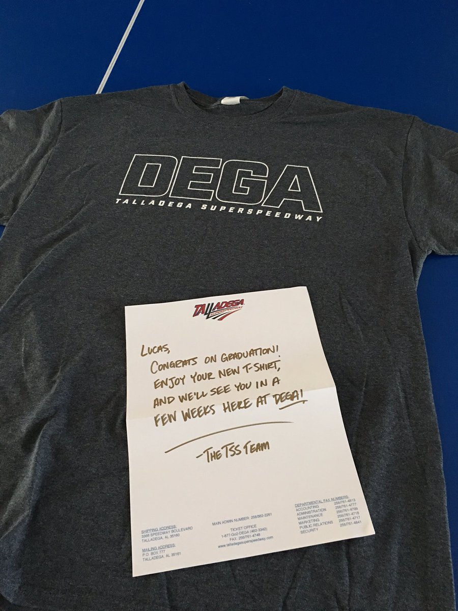 The_OG_Pucas's tweet photo. The NFL doesn't treat their fans like this. Thank you @TalladegaSuperS for the awesome shirt and hand written letter! #GoToDega https://t.co/yuKSvDLJLm