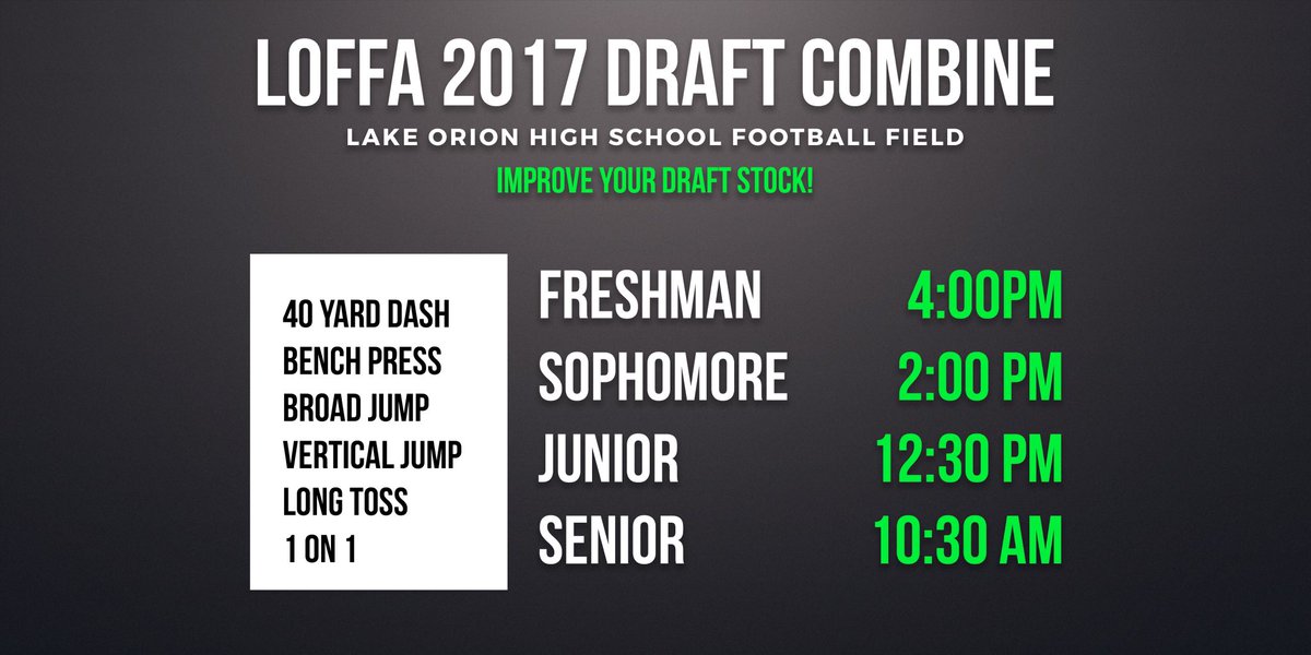 2017LOFFA's tweet photo. 🚨REMINDER🚨

The 2017 LOFFA Combine will take place this Friday, the 14th, at the Lake Orion Football Field. Times and events are below. https://t.co/nxWETug22a