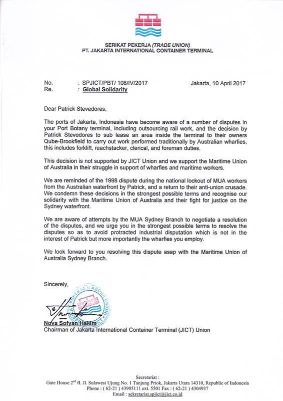 JICT Union stand in solidarity with Patrick's Dockers. 
@MaritimeUnionAU <a href="/MUASydneyBranch/">MUA Sydney Branch</a> 
#defendpatrickdockers 
#ausunions
#auspol
