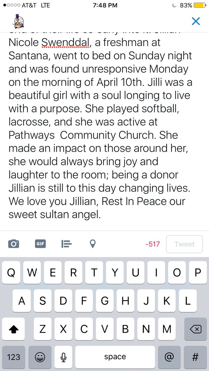 On 4/17 students &amp; staff are hosting a candlelight vigil to celebrate Jillian's life starting at 6pm. All are welcomed to attend.👼🏼💜💛