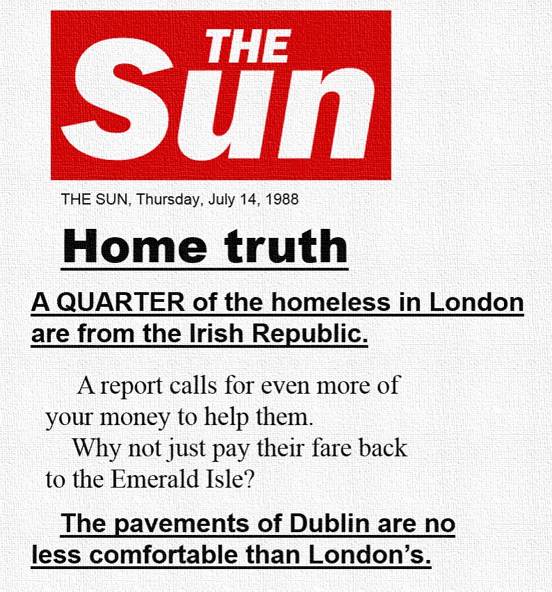 ToryFibs's tweet photo. As someone from the Irish Diaspora @Gerard_Coyne how to write for The Sun knowing that it said this about fellow Irish folk? Tell me please? https://t.co/7gaBRyQIA1
