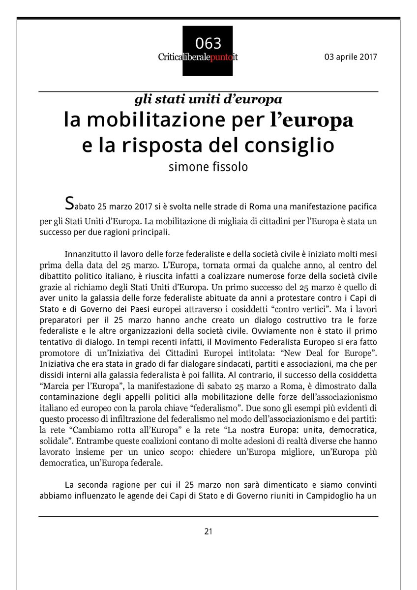SimoneFissolo's tweet photo. Il mio articolo su @CriticaLiberale scritto poche ore dopo la  #marchforeurope2017 @GFE_JefItaly @GFEPiemonte https://t.co/0exK3BTcqK https://t.co/e7bFoZlAFz