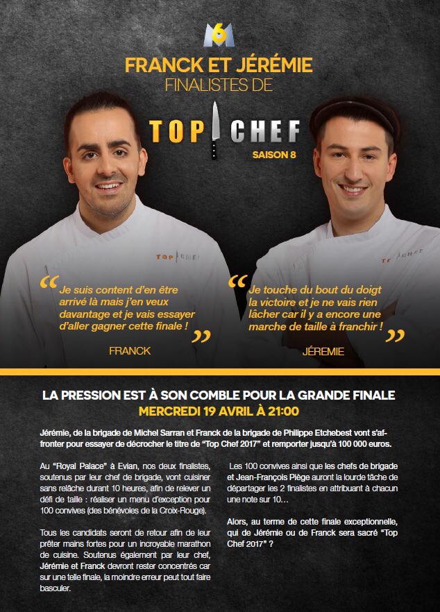 M6pro's tweet photo. Félicitations à #Franck et @JeremIzarn Finalistes de #TopChef ! RDV mercredi prochain @M6 pour une finale exceptionnelle https://t.co/IhMmTYBYHT