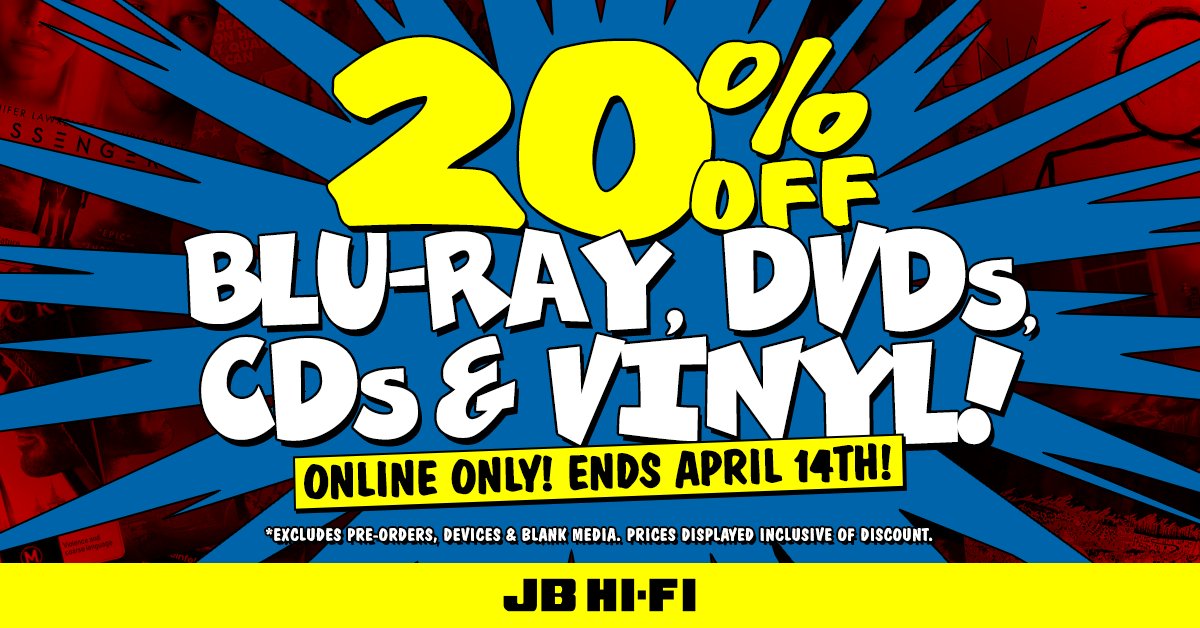JBHiFi's tweet photo. Until Friday April 13th get 20% off Blu-Ray, DVDs, CDs, and Vinyl @JBHiFi!!

Check out all the Easter Madness deals: https://t.co/uq7UJ6F4hg https://t.co/IPXO4dI9YE