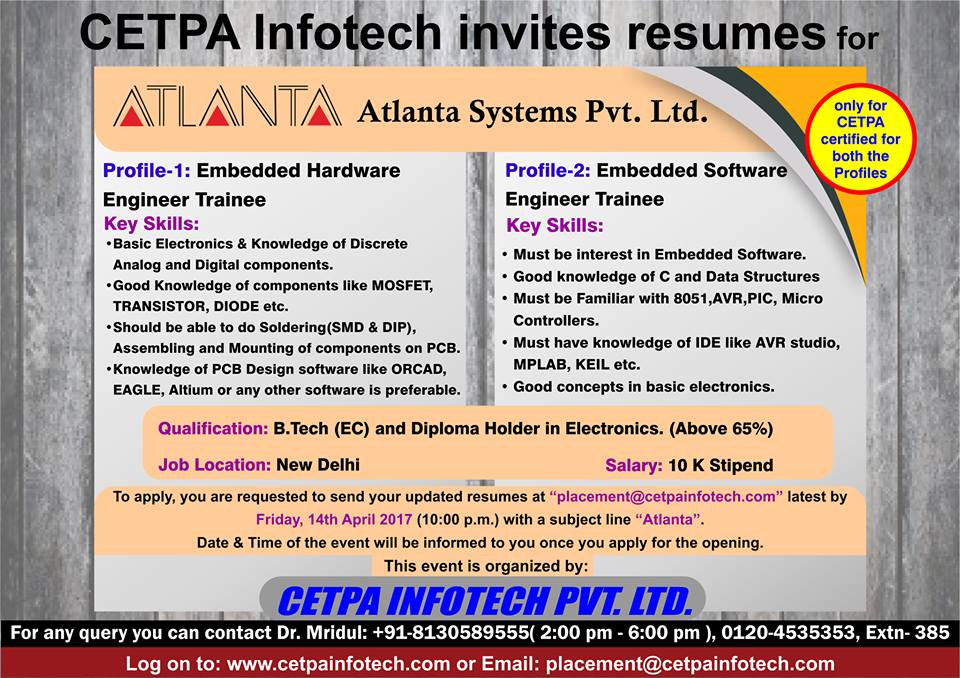 Roorkee_CIPL's tweet photo. #Placement_Drive for #CETPA certified students >Company: ATLANTA Pvt Ltd
#Embedded_Hardwre Engineer Trainee  #Embedded_Software https://t.co/DqmcUUXNCK