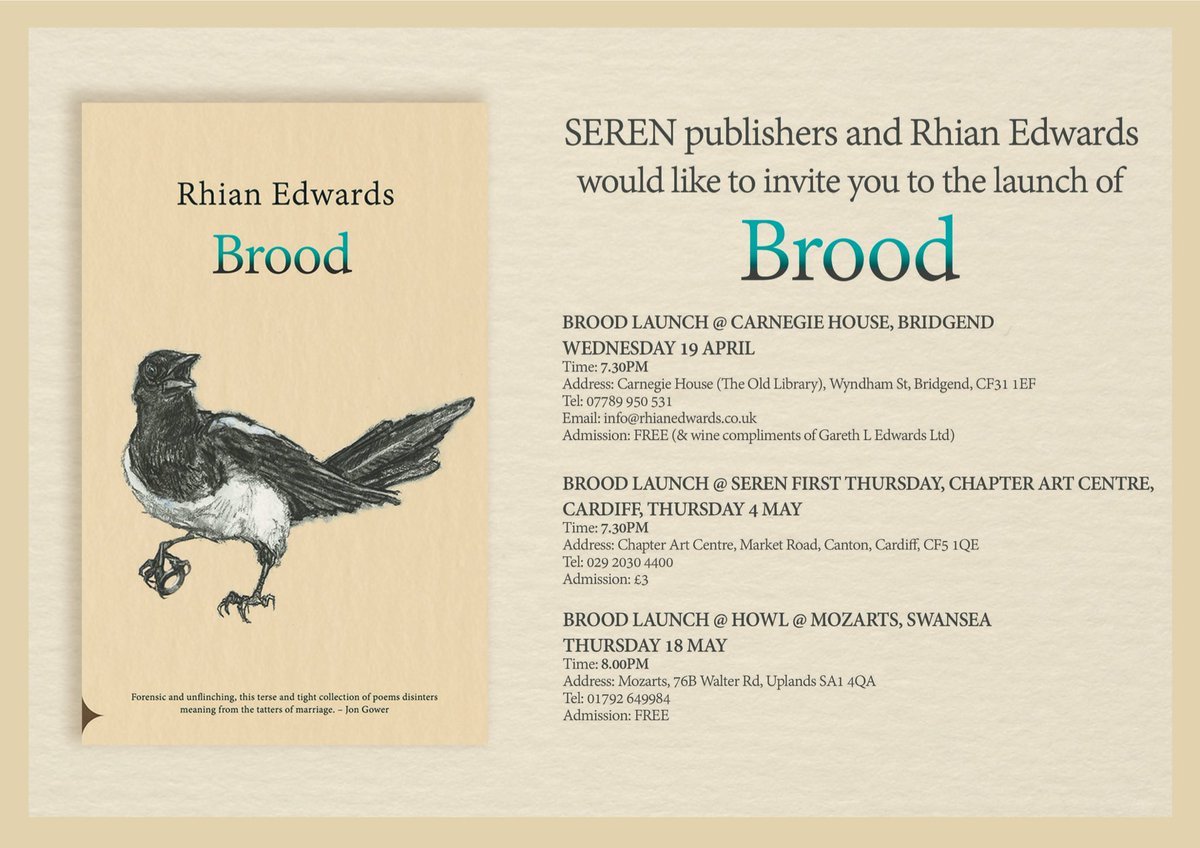 Brood Launch <a href="/SerenBooks/">Seren Books</a> <a href="/CHBridgend/">Carnegie House</a>  Carnegie House, Wyndham St, Bridgend on Wed 19 April @ 7.30pm w/ Tracey Rhys.