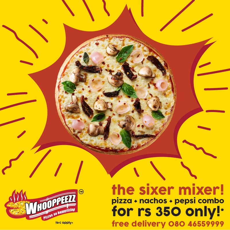 WhooppeezzPizza's tweet photo. Dig into #cheesilicious #pizza combos while watching your favourite team! Call 08046559999 & use coupon : CRICKET17 *T&C apply #Whooppeezz https://t.co/fpSdKztlVy