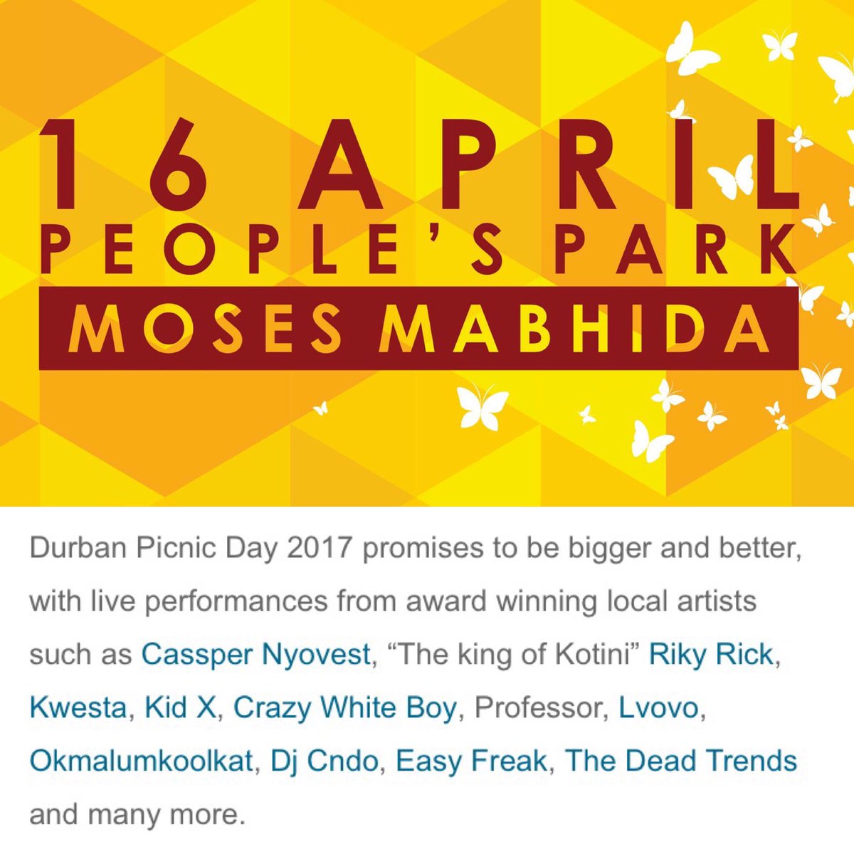 Durban Picnic Day is going to be legendary! 

<a href="/ecr9495/">East Coast Radio</a> 
<a href="/MMStadium/">MosesMabhida Stadium</a> 
<a href="/durbantourism/">Durban Tourism</a> 
<a href="/durbanpicnicday/">Durban Picnic Day</a>
#16APRIL