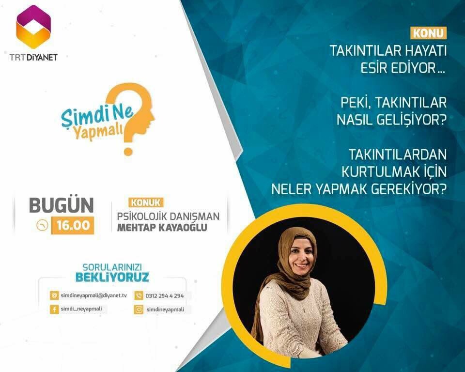 Psikolojik Danışman <a href="/mehtapkayaoglu/">Mehtap Kayaoğlu</a> bugün saat 16.00'da Diyanet TV ekranlarında olacak. Bekleriz...