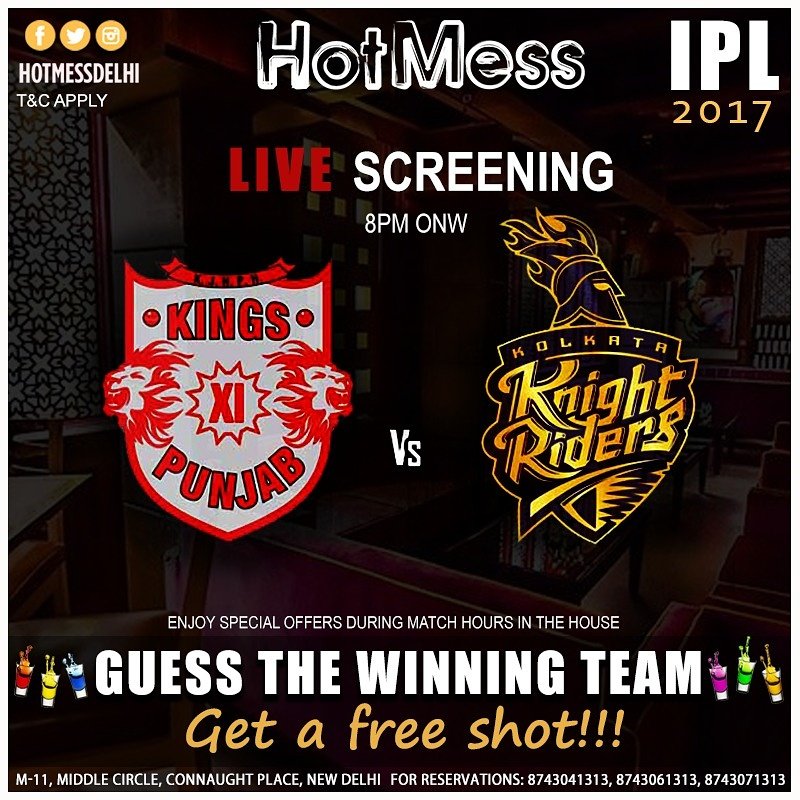 Catch IPL madness Live wth us <a href="/HotMessDelhi/">HotMess</a> #PunjabKingsVsKKR Cheer ur Fav team on our Big screen over  delicious food Beverages #IPL2017