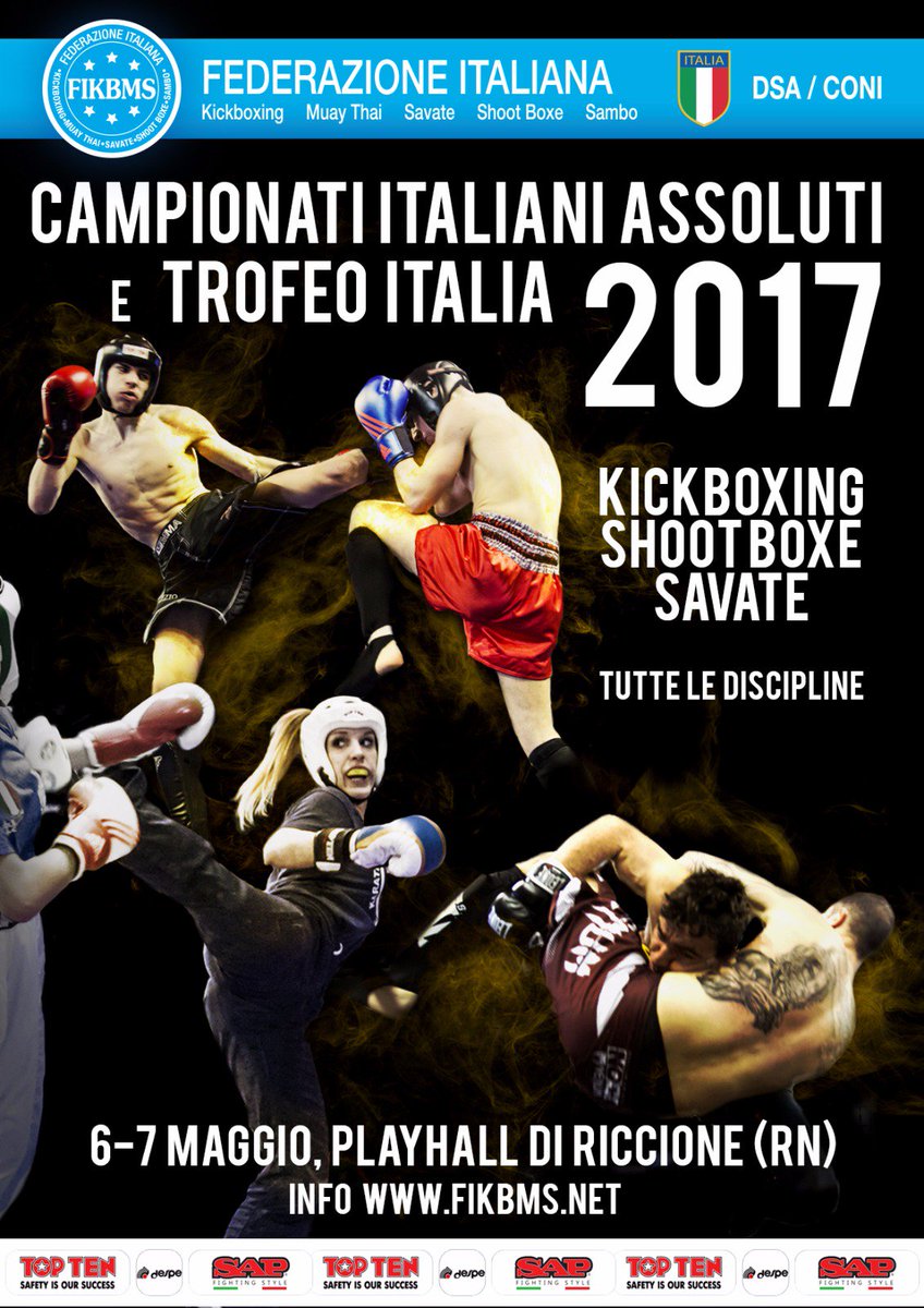 Federkombat's tweet photo. Campionati Italiani Assoluti 2017. Il 6-7 Maggio al Playhall di Riccione il meglio della #Kickboxing, #ShootBoxe e #Savate targata #FIKBMS! https://t.co/ou0j5bLfNU