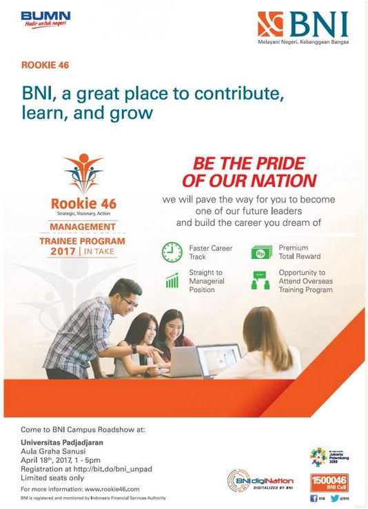 Kepada Lulusan Fresh Gradute Unpad, kami sampaikan acara dari bank BNI yaitu BNI Campus Roadshow, informasi di :
cdc.unpad.ac.id/046-rookie46-b…