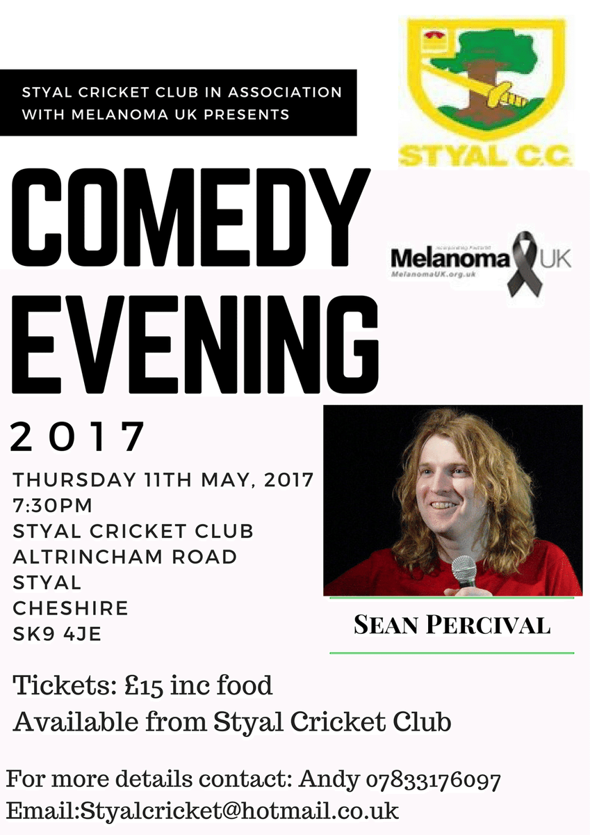 StyalCricket's tweet photo. Please RT Comedy Evening - Thurs 11th May Tickets £15 inc. food #SK94JE #SeanPercival @BellaMarketing @Earlams @ship_Styal @QuarryBankNT https://t.co/JXzB7cWJvr