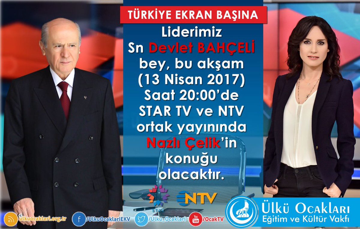 Liderimiz Sn Devlet BAHÇELİ bey, bu akşam saat 20:00’de STAR TV ve NTV ortak yayınında <a href="/nazlicelik_/">Nazlı Çelik</a> ’in konuğu olacaktır.