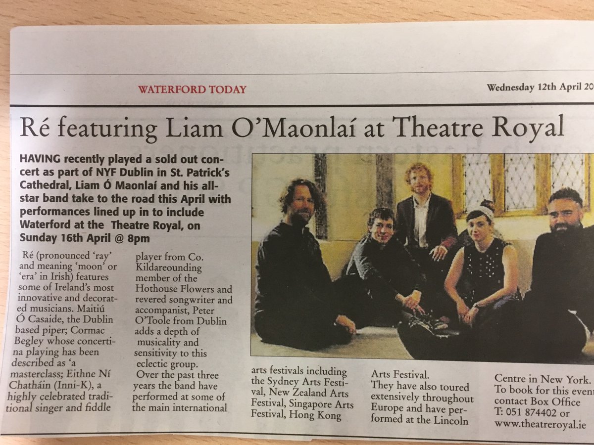 #Easter Sunday at <a href="/theatreroyalw/">Theatre Royal</a> <a href="/band_re/">Ré</a> featuring <a href="/lliamm7/">liamomaonlai</a> on stage @ 8pm. book here  bit.ly/2nfN5hN 
#waterford #TRwaterford