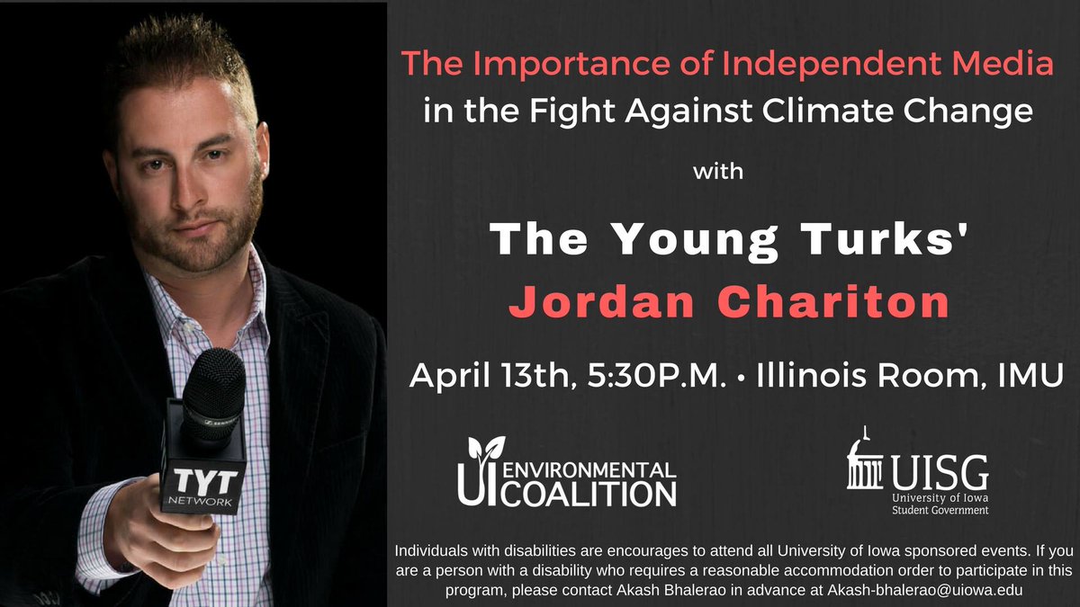sustainUI's tweet image. Today! @JordanChariton @TheYoungTurks speaking on #media &amp;amp; #climatechange 5:30 pm @uiowaIMU bit.ly/2p6xem6  #UITheme #UIEarthmonth