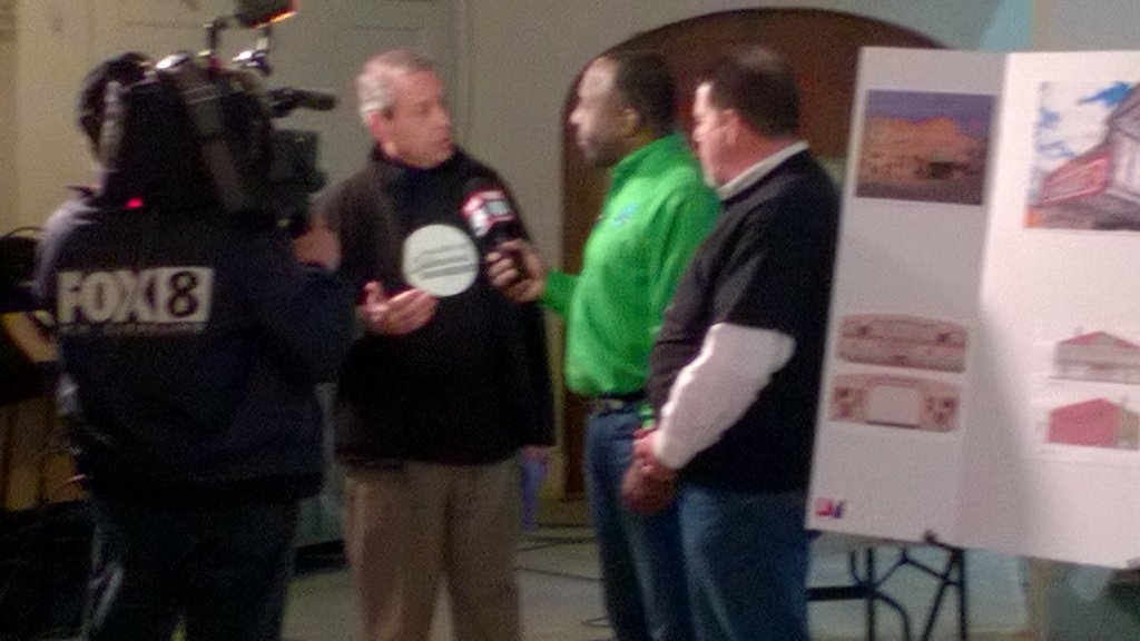 stevemillard's tweet photo. Councilman Mike Polenaek with Kenny an NE Shores Board Pres Scott Mills talking about the vision for Collinwood https://t.co/lBnTYf6JzJ