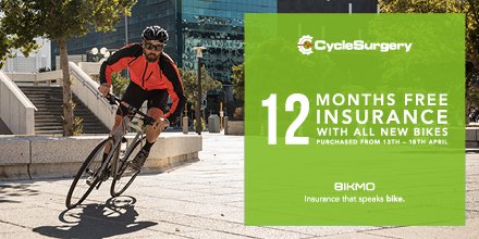 CycleSurgery's tweet photo. FREE 12 months insurance on EVERY new bike this Easter. No joke, you’ll get 12 months insurance totally free with every new bike, 13-18 Apr. https://t.co/Rw15lL8Ka3
