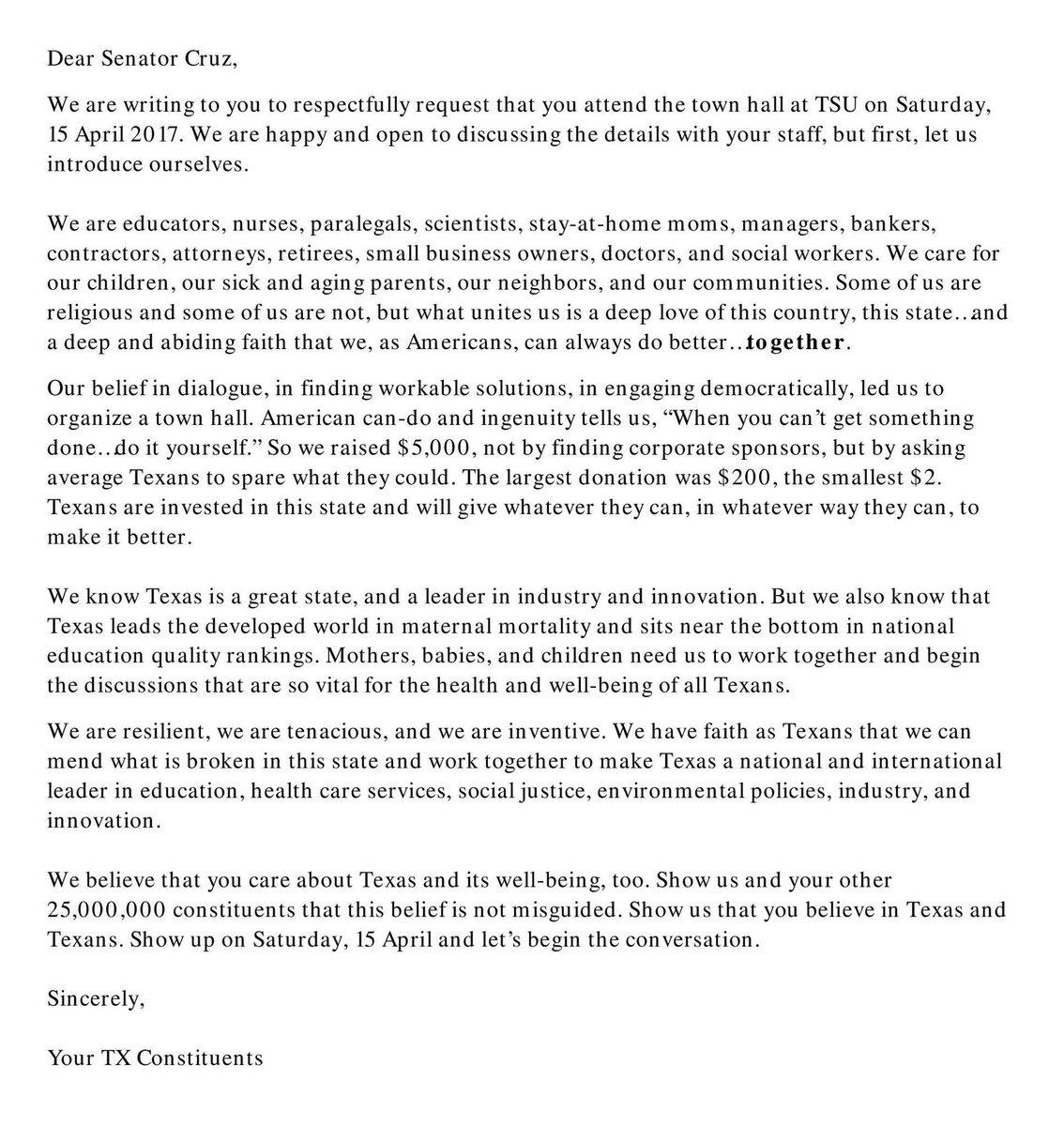 whereiscruz's tweet photo. A letter to @SenTedCruz. Please retweet and help us to spread the word that we deserve to be heard. #TedCruzIsMissing #DoYourJob https://t.co/Ou1ojTa774