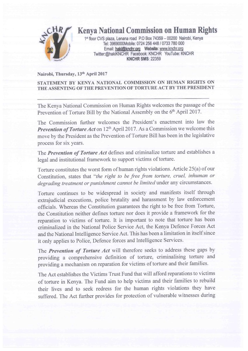 HakiKNCHR's tweet image. KNCHR statement on the Anti Torture Law signed today by the President @KagwiriaMbogori @hakimorara @parawakili @PatriciaNyaundi @ChivusiaSS