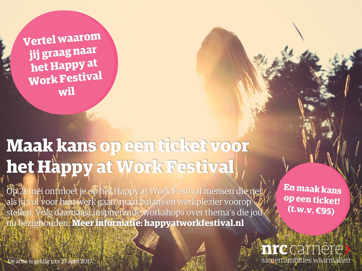 Reageer en maak kans op een ticket voor het Happy at Work Festival op 21 mei, t.w.v. €95! Meer informatie: happyatworkfestival.nl