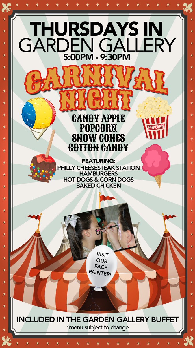 It's Carnival night in Garden Gallery! Face Painter, Cotton Candy, Popcorn, Snocones and Candy Apples add for an extra treat!
