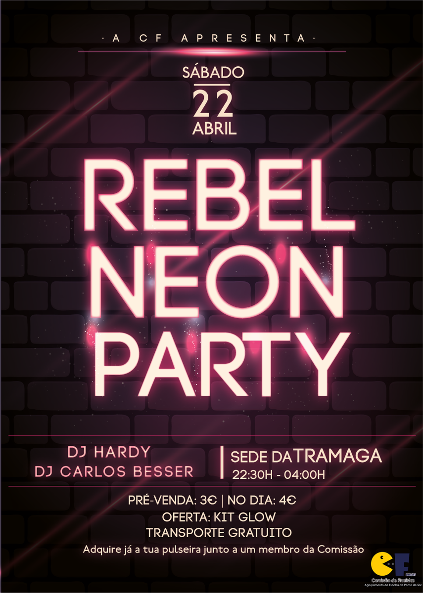 cfesps1617's tweet photo. Adquire a tua pulseira junto a um membro da comissão! 
A noite mais brilhante do ano está a chegar! 
#RebelNeonParty #cfesps1617 https://t.co/850G1cFVyf