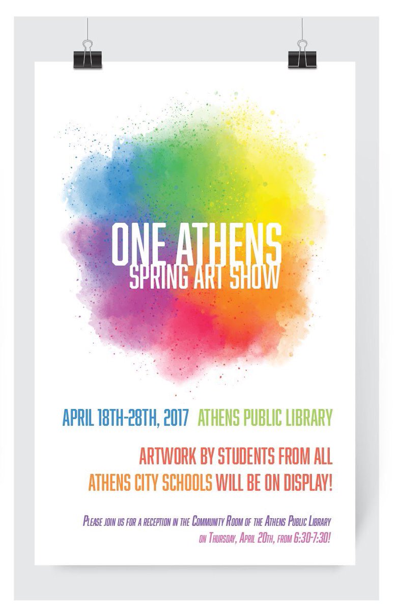 AthensALSchools's tweet image. #oneAthens Spring Art Show is April 18-28 @ Athens Public Library. Student artwork from every ACS school will be featured! Wonderful!