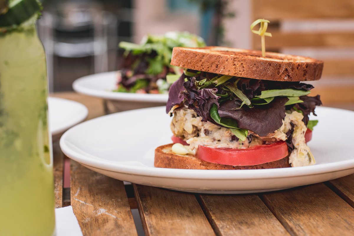 What's for #lunch? Try our Chicken Salad Sandwich, topped w/ dried cranberries, yellow onions, pumpkin seeds &amp; served on a brioche bun.