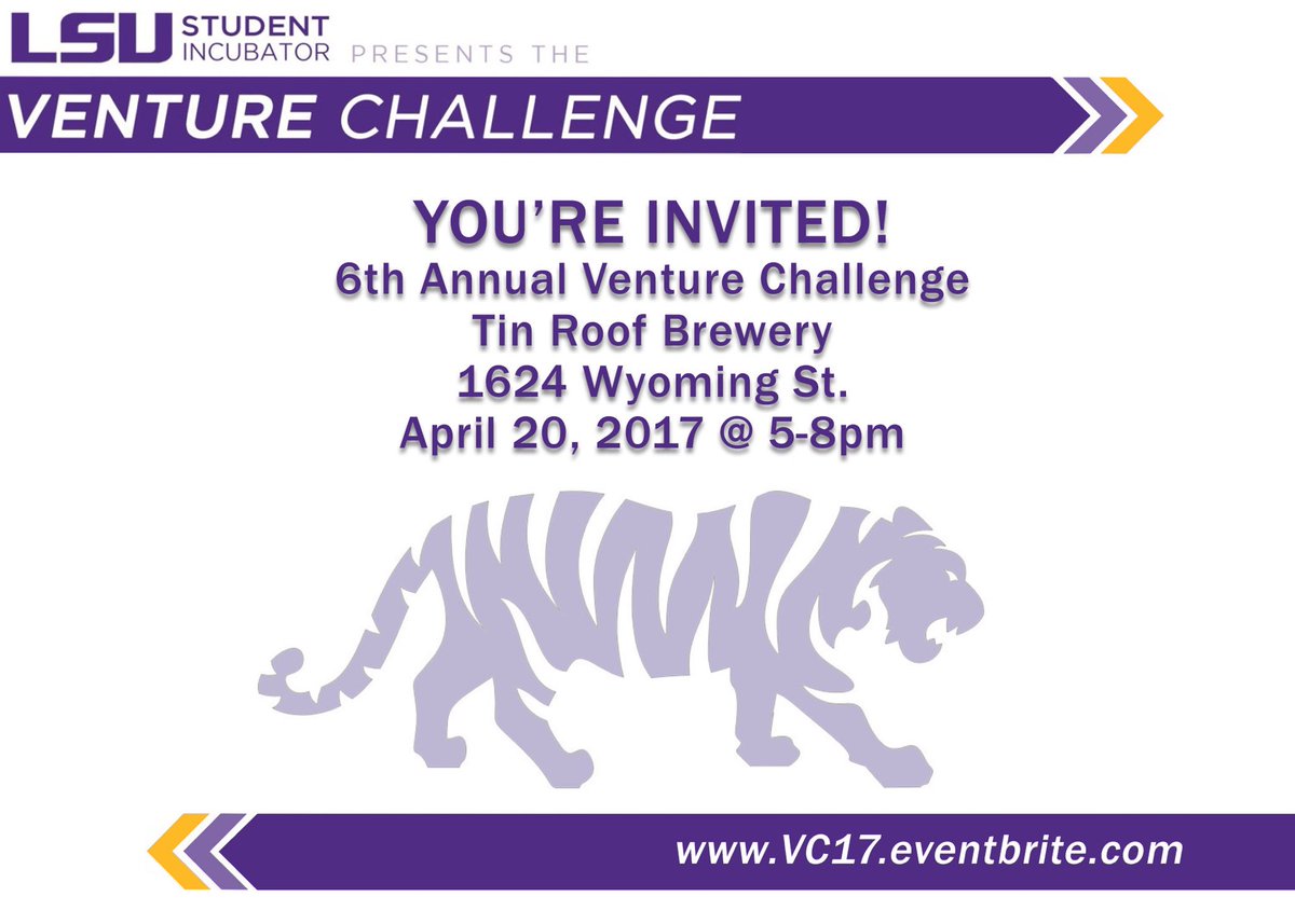 LSUInnovationPk's tweet photo. Just ONE week til the Venture Challenge! Join us at @TinRoofBeer to see our top #lsustudent finalists pitch their ideas, the event is free! https://t.co/Z0I2mOaurd