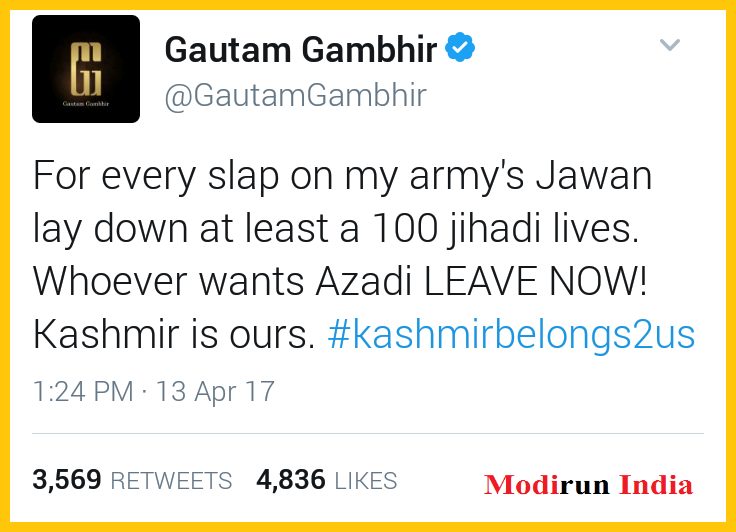 ModirunIndia's tweet photo. "For Every Slap On Army's Jawan Lay Down 100 Jihadi Lives. Whoever Wants Azadi LEAVE NOW! Kashmir Is Ours."- Gautam Gambhir.
#KKRvKXIP https://t.co/6m4L4gzWju