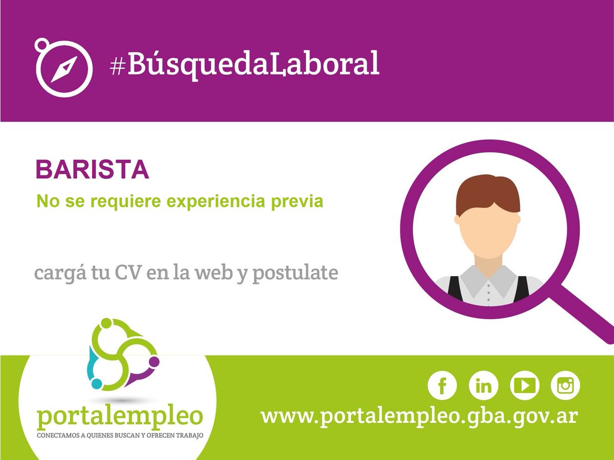 Empresa de cafetería busca baristas para locales en #Morón #RamosMejía #SanJusto #Ezeiza #LomasDeZamora. Postulate ➡ portalempleo.gba.gov.ar