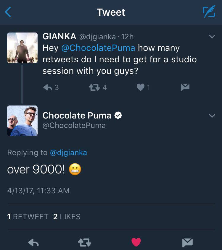 Help me hit 9k retweets so I can get a studio session with Legends <a href="/ChocolatePuma/">Chocolate Puma</a> . Help make this happen #ChocolatePumaGiankaCollab