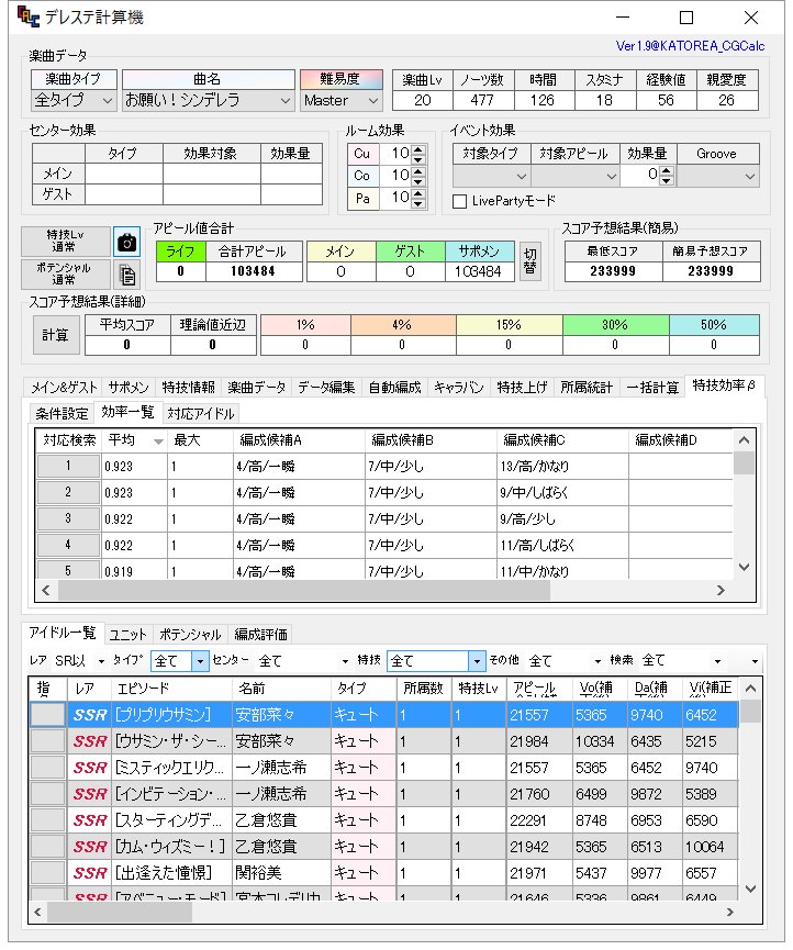 デレステ計算機配布所 デレステ計算機 Ver1 9 自動編成スキルブースト対応 特技上げ新仕様対応 特技効率計算機能追加 B版 使い方 1 特技の発動間隔等を選ぶ 2 効率一覧を表示 3 対応アイドルを表示 ダウンロードはhpから T