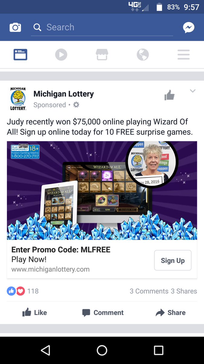 MatthewChatlin's tweet image. .@facebook ad for @MILottery 
Am I alone in thinking this looks like a slot machine? Am I alone in knowing this is #OnlineGambling #Michigan