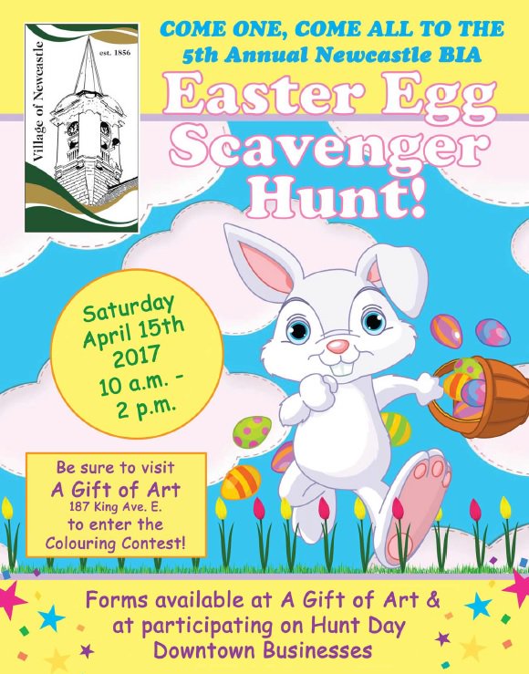 The 5th Annual Newcastle BIA Easter Egg Scavenger Hunt is happening THIS Saturday, April 15 from 10am-2pm in Newcastle!