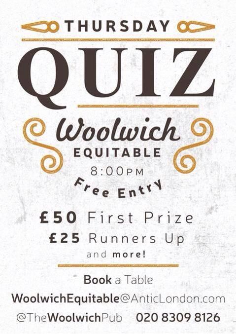 You could win £50 in cash at the <a href="/TheWoolwichPub/">Woolwich Equitable</a> pub Quiz tonight. Plus it's free to enter! #pubquiz #brains #beer