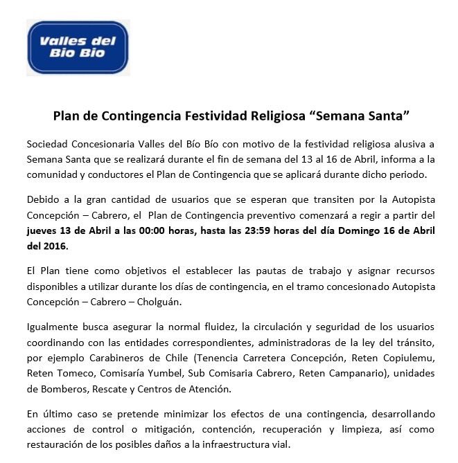 VallesdelBiobio's tweet photo. Informa Plan de Contingencia Fin de semana Largo "Semana Santa" @MOPBiobio @biobio @biobioinforma1 @Radio_Camila / https://t.co/qU3LWFEFoh https://t.co/HnzVpGYh9w