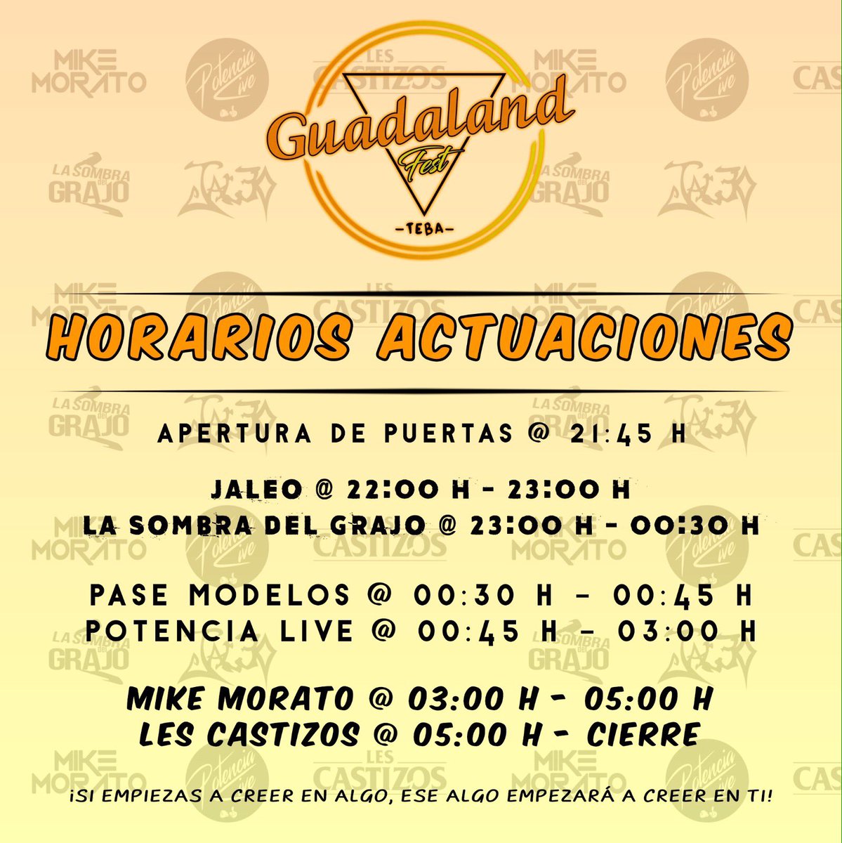 Guadaland_Fest's tweet photo. #2Días💛 

#LesCastizos #MikeMorato #PotenciaLive #LaSombraDelGrajo #Jaleo https://t.co/D3K06Bd4Lg