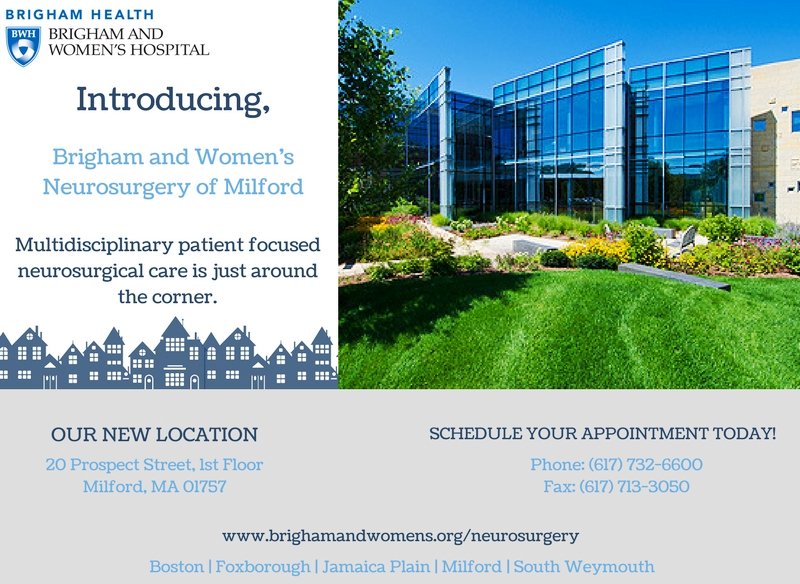 BWHNeurosurgery's tweet photo. We have added a fifth practice location #BWHNeurosurgeryofMilford 

Call us to book your appointment today: (617) 732-6600 @BrighamWomens https://t.co/HZlL2q1thk