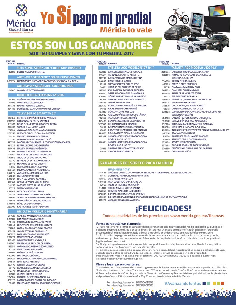 AyuntaMerida's tweet photo. Estos son los ganadores del sorteo cumple y gana con tu #Predial2017 consulta: https://t.co/pEsDFkoQ8m https://t.co/d50VAsfkrV