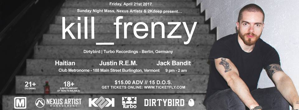 2kdeep's tweet photo. 8 DAYS >> @kill_frenzy at @nectarsvt for a @dirtybird party throwdown! @NexusArtists and #2KDeep bringing the heat on 4/21! #edm #btv #house https://t.co/g20DCxbP1k