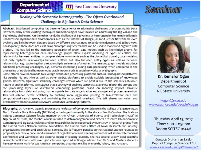 Today! ECU #ComputerScience Seminar

Dr. Kemafor Ogan from @cscncsu 

#BigData #DataScience

1:00-2:00pm
Sci Tech 144A