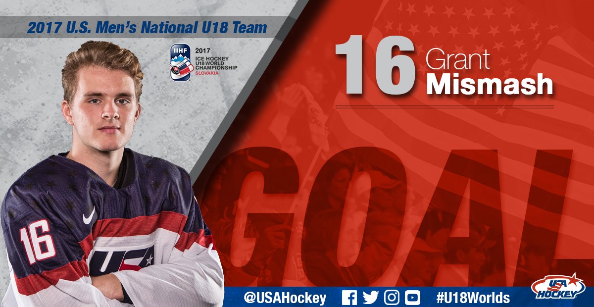 usahockey's tweet photo. GOAL! Mismash buries a feed from Barratt to give #TeamUSA a 6-0 lead at 2:34 of the 3rd. #U18Worlds https://t.co/OEvpkV4BAZ