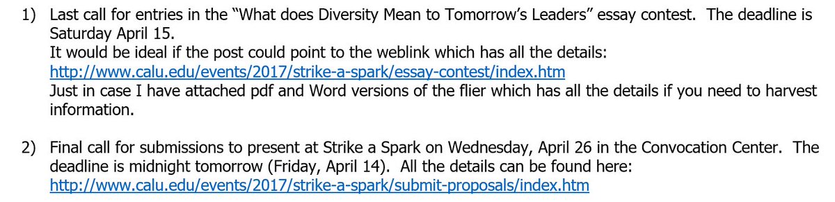 StrikeASparkCAL's tweet image. Extended deadlines and essay contests! Show us what you got by this Friday and Saturday!