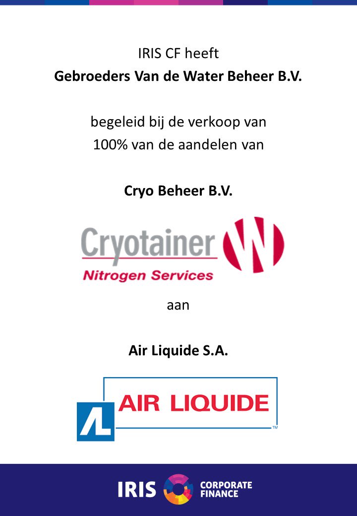 IRISCorpFin's tweet photo. IRIS CF begeleidt Cryotainer bij verkoop aan Air Liquide, 's werelds grootste industriële gasleverancier. Meer op: https://t.co/mnfpBMEu93 https://t.co/VYIV4K2pbJ